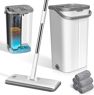 Wischmopp Set mit Eimer, MASTERTOP Bodenwischer Set mit Verstellbarer Griff und 5 Mikrofaser Wisc…
