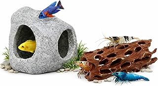 2er Set Aquarium Deko Höhlen – Garnelen Versteck & Welshöhle in Stein- und Holz-Optik, Fischh…