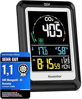 Newentor CO2 Messgerät, 4 CO2-Konzentrationsstufen mit Alarm und Lüftungsempfehlungen, Batterie…