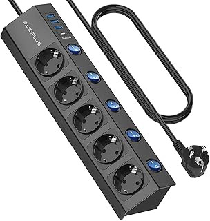 Steckdosenleiste Einzeln Schaltbar,5 Fach Steckdosenleiste Wandmontage mit 1 USB-C Schnellladeger…