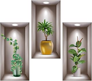3 Stück 3D Wandsticker Vase Wandtattoo Wohnzimmer Vasen Grüne Pflanzen Wandaufkleber 3D Vinyl W…