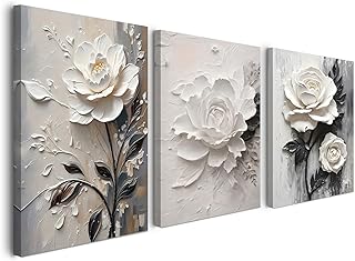 Alptiny Set von 3 Blumen Wandbilder 30×40 cm, Weiße Rose Leinwandbilder mit Rahmen für Wohnzimm…